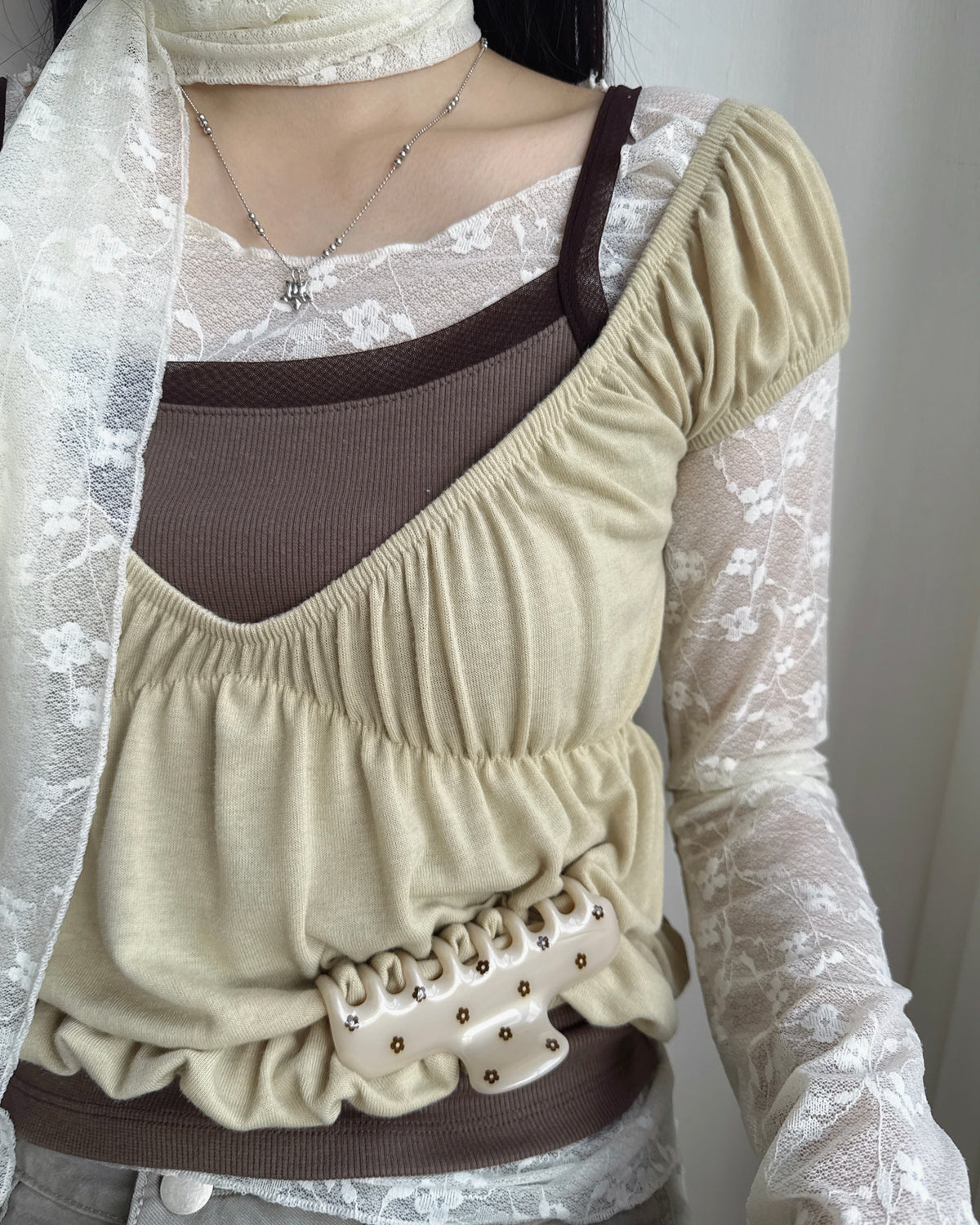 TP610 Floral Scarf Top - White | Brown