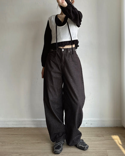 JN070 Balloon Buckle Stripe Pants - Navy | Brown | Gray