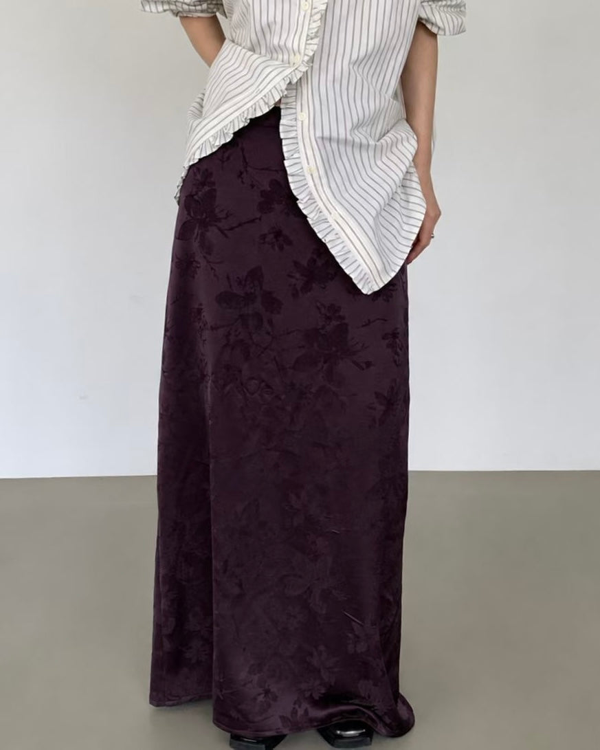 SK229 Floral Jacquard Maxi Skirt - White | Wine | Black