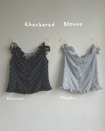 VT291 Checkered  Blouse - Skyblue | Charcoal