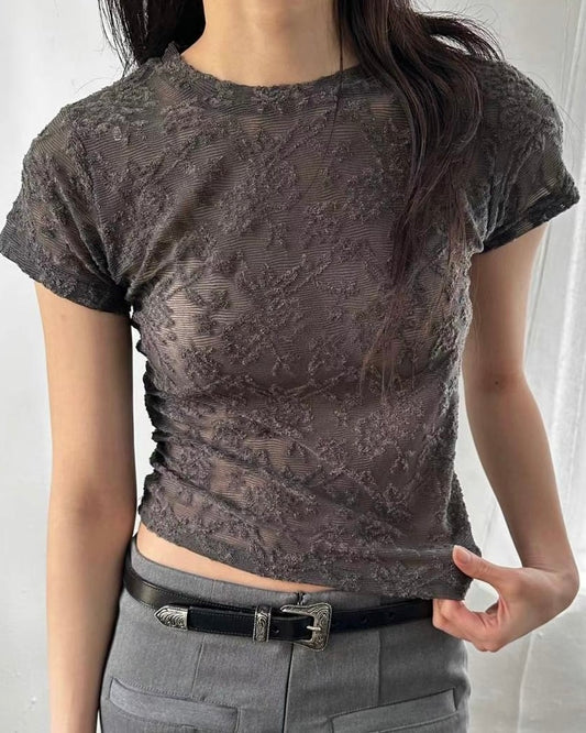 TP510 Lace Sheer Top - Gray | White