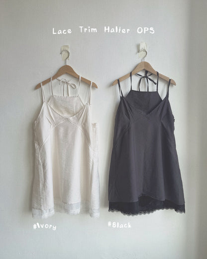 DS296 Lace Trim Halter OPS - Ivory | Black