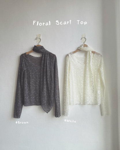 TP610 Floral Scarf Top - White | Brown
