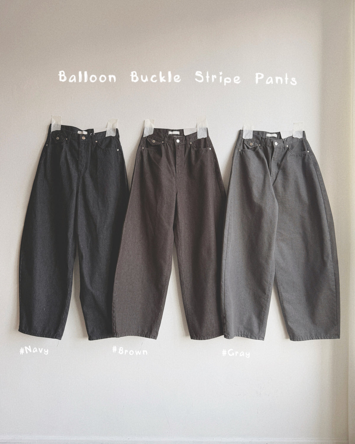 JN070 Balloon Buckle Stripe Pants - Navy | Brown | Gray