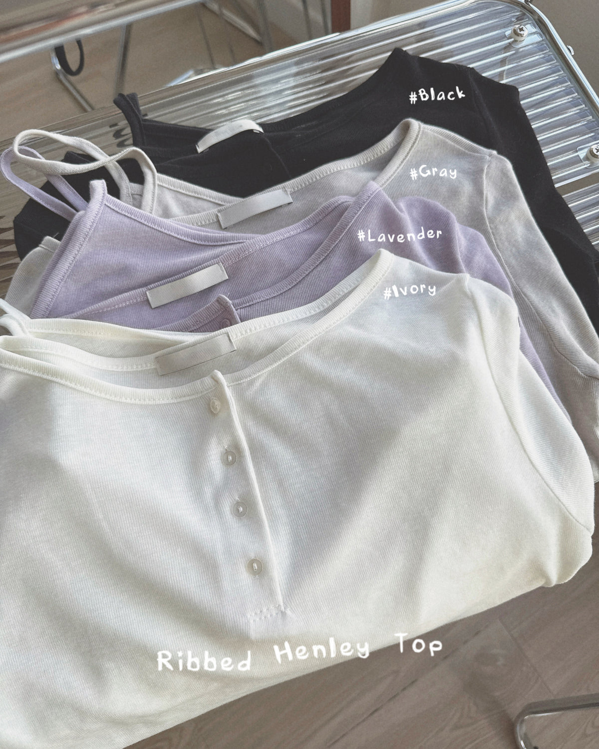 TP623 Ribbed Henley Top - Ivory | Lavender | Gray | Black