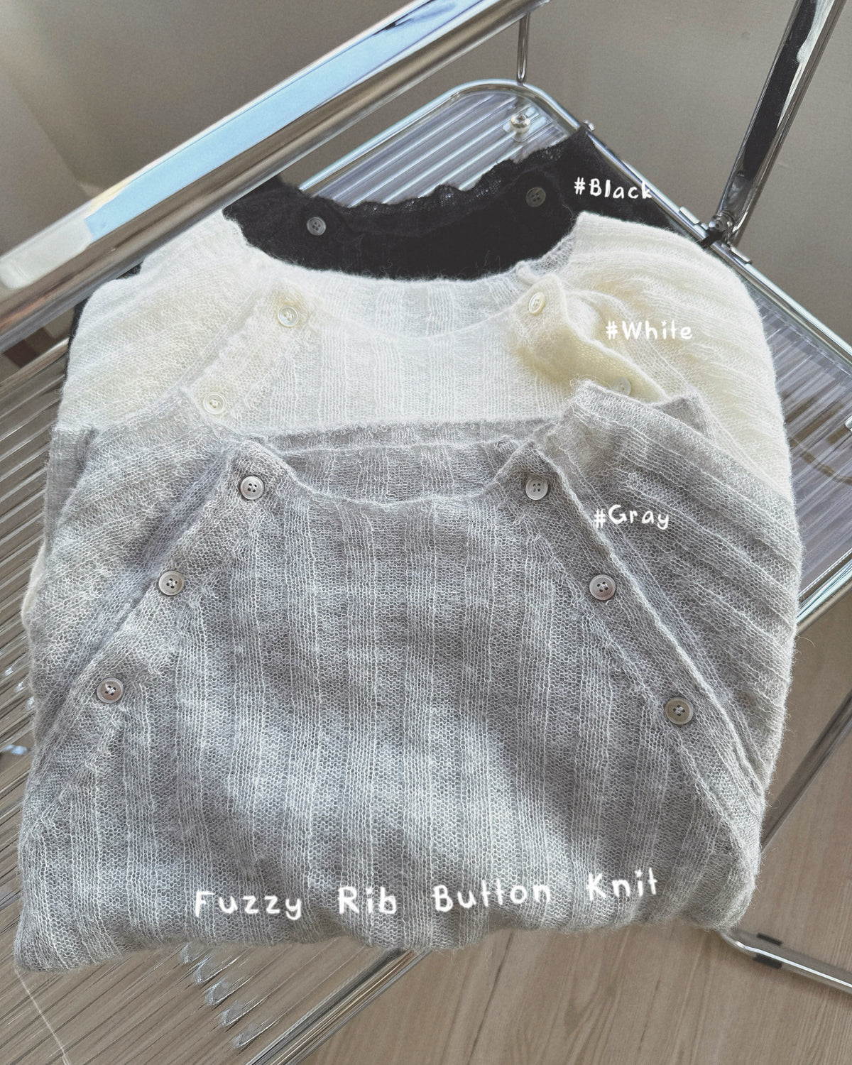 TP624 Fuzzy Rib Button Knit - Gray | Ivory | Black