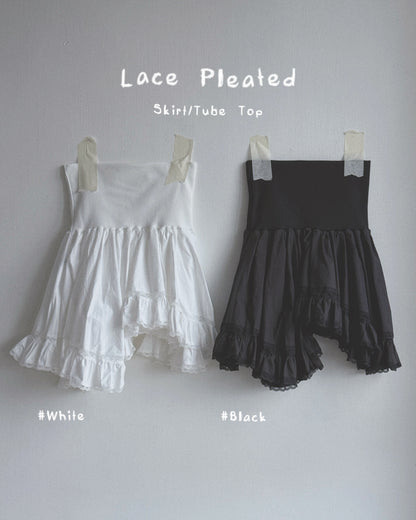 SK224 Lace Pleated Skirt/Tube Top - White | Black