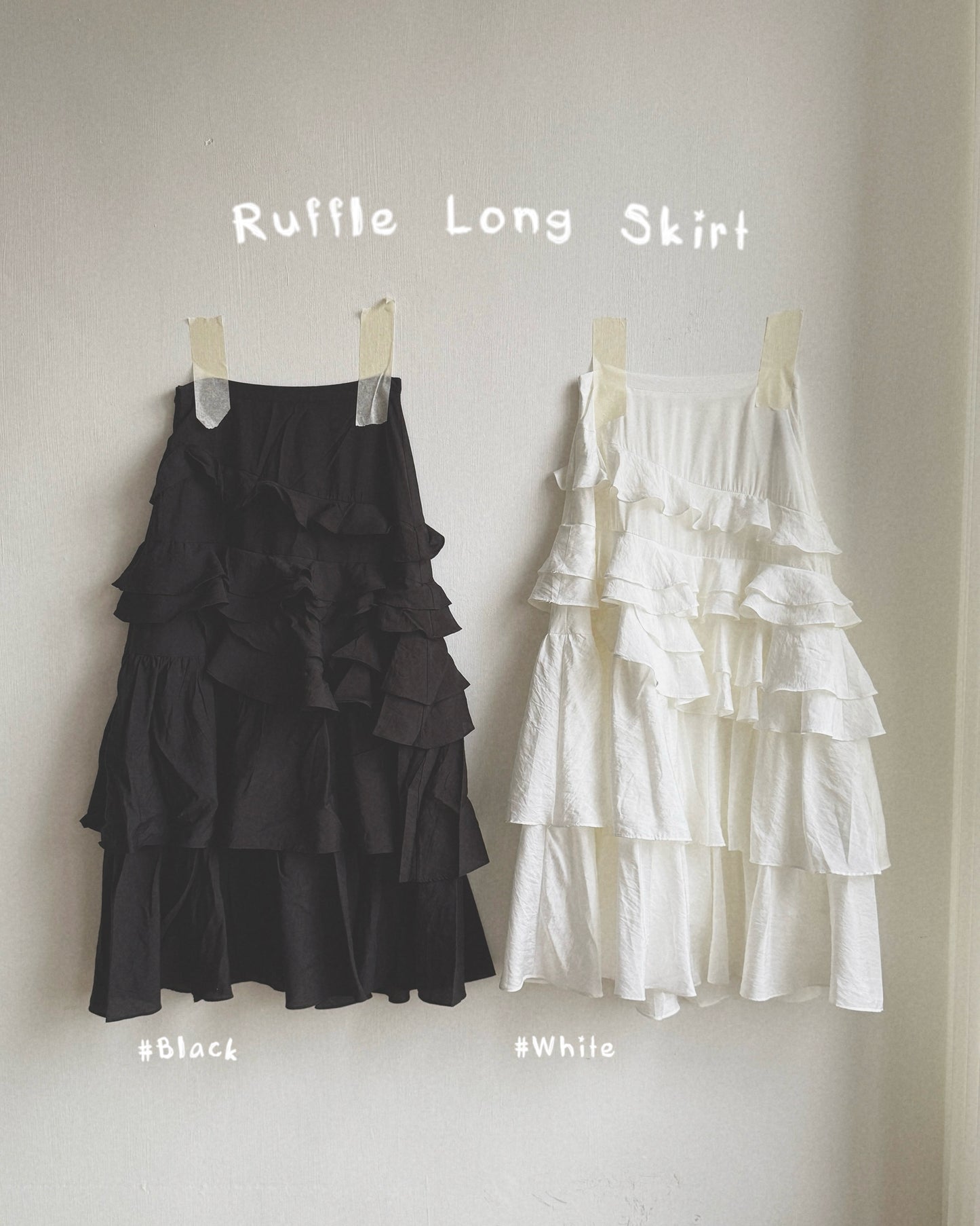 SK218 Ruffle Long Skirt - White | Black
