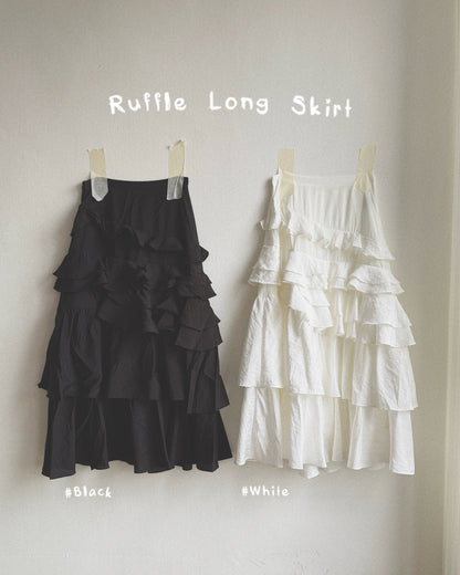 SK218 Ruffle Long Skirt - White | Black