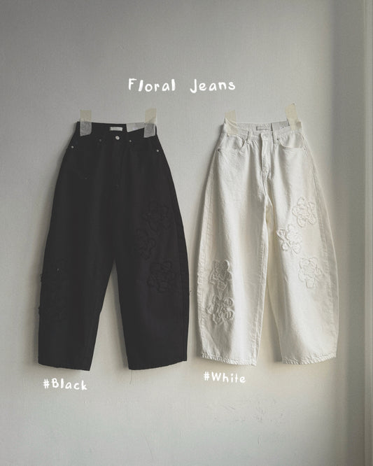 JN064 Floral Jeans - White | Black