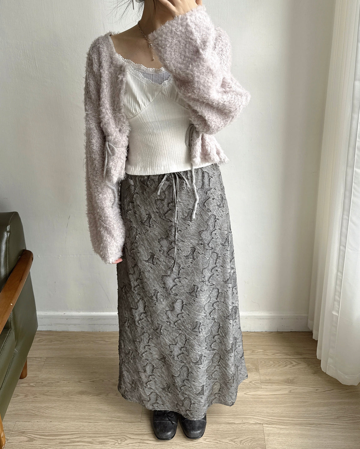 (~3/11🛎️新品優惠) CD061 Fuzzy Drawstring Cardigan - Ivory | Gray