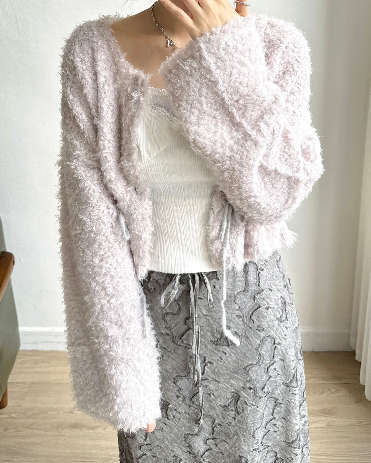 (~3/11🛎️新品優惠) CD061 Fuzzy Drawstring Cardigan - Ivory | Gray