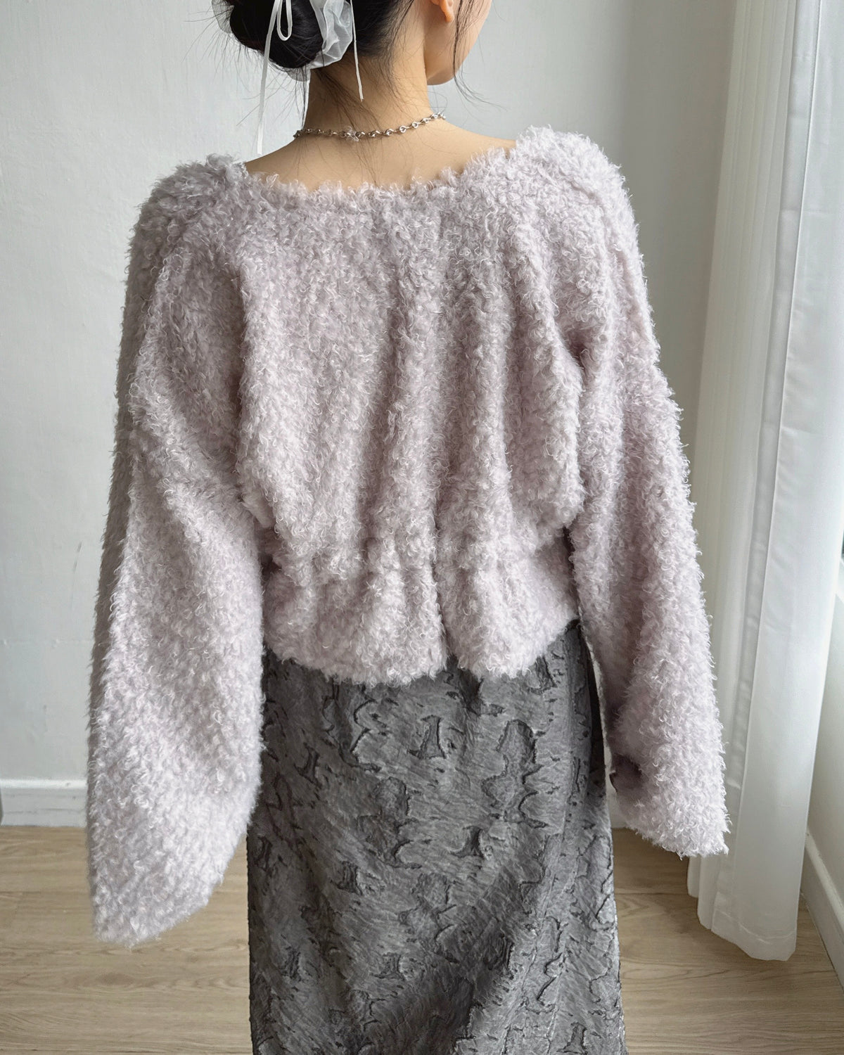 (~3/11🛎️新品優惠) CD061 Fuzzy Drawstring Cardigan - Ivory | Gray