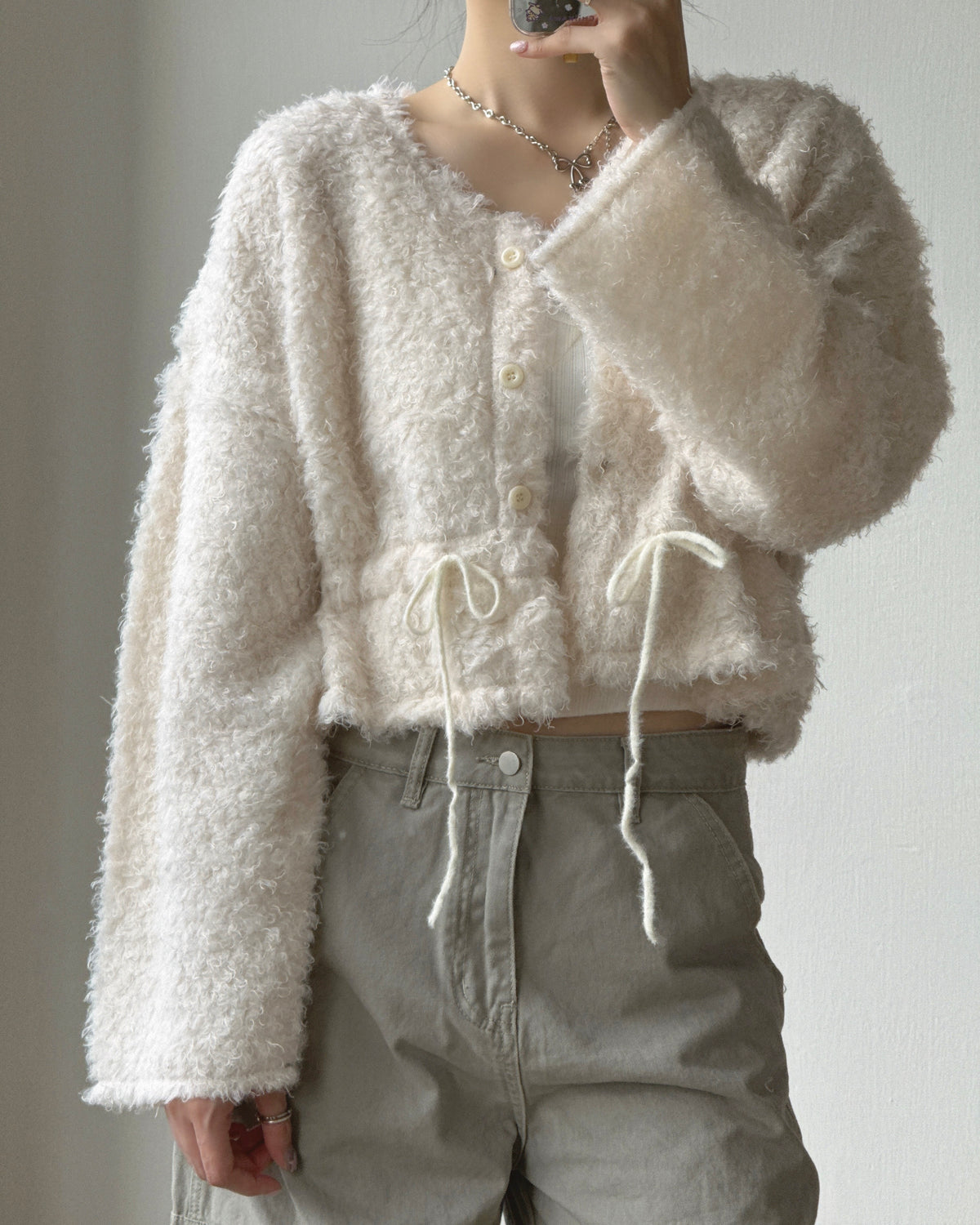 (~3/11🛎️新品優惠) CD061 Fuzzy Drawstring Cardigan - Ivory | Gray