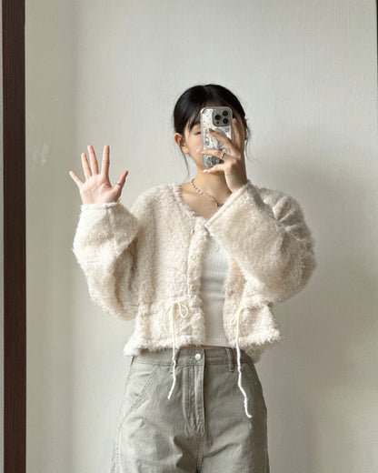 (~3/11🛎️新品優惠) CD061 Fuzzy Drawstring Cardigan - Ivory | Gray