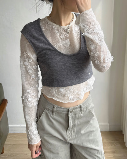 (~3/11🛎️新品優惠) TP626 Floral Sheer Knit Top - Ivory