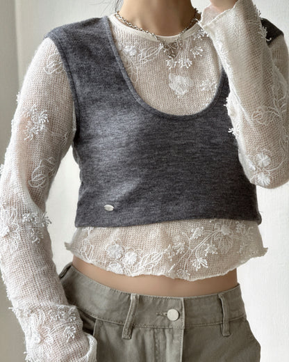 (~3/11🛎️新品優惠) TP626 Floral Sheer Knit Top - Ivory