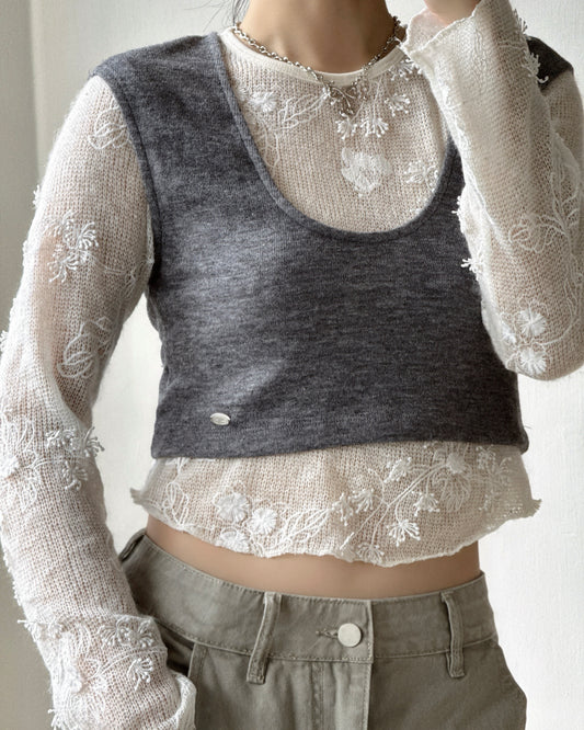 (~3/11🛎️新品優惠) TP626 Floral Sheer Knit Top - Ivory