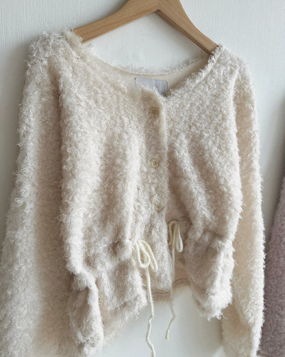 (~3/11🛎️新品優惠) CD061 Fuzzy Drawstring Cardigan - Ivory | Gray