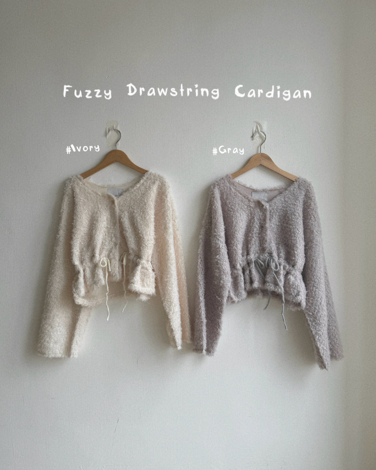 (~3/11🛎️新品優惠) CD061 Fuzzy Drawstring Cardigan - Ivory | Gray